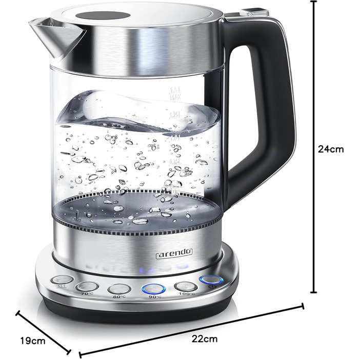 Електричний чайник Arendo з регулюванням температури, підтриманням тепла 30 хв, об'єм 1,5 л, скло Borosilikat, база з нержавіючої сталі, сучасний дизайн