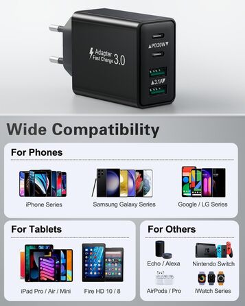 Мережевий адаптер USB C, 40W, 4 порти, швидка зарядка, універсальний зарядний пристрій для iPhone, iPad, Samsung та інших телефонів, білий/чорний (2 шт.)