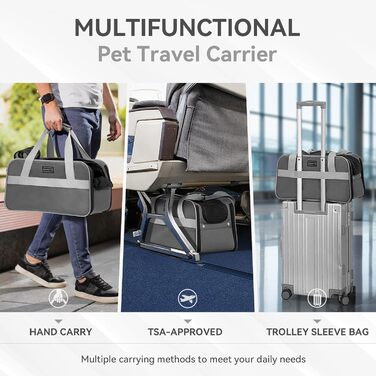 PETSFIT Автокрісло для собак у середній консолі, автокрісло для собак, схвалено авіацією, з ременем безпеки та кишенями, авто/авіа сумка для маленьких собак/кішок до 4.5 кг (Темно-сірий)