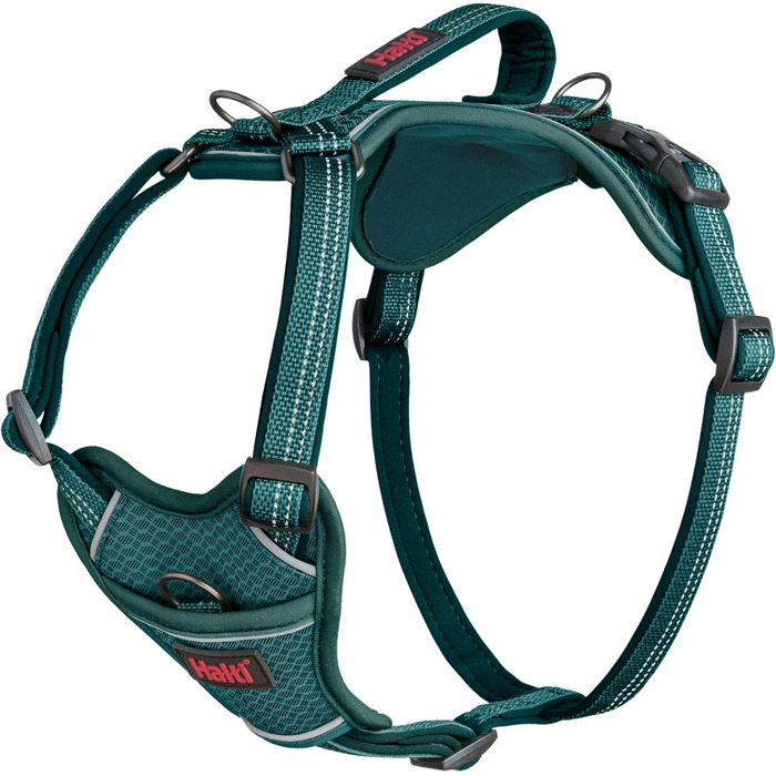 HALTI Anatomy Dog Harness with Handle – Freedom of Movement for Your Dog. 3 Leash Attachment Points, Neoprene Padding, Adjustable and Reflective (Size L, Blue-Green)