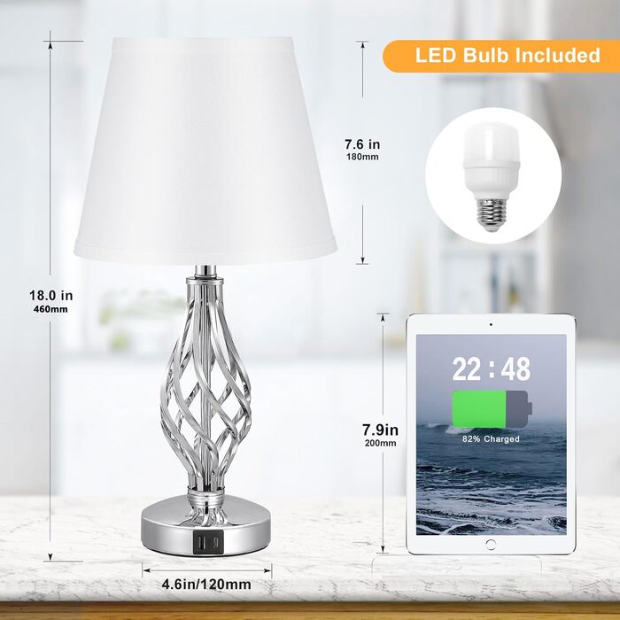 Настільна лампа Kakanuo 2 шт. з USB-портами (A+C), регульоване освітлення, сірий абажур, LED, для спальні, вітальні, офісу