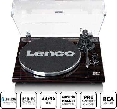 Програвач вінілу Lenco LBT-188 Bluetooth коричневий (горіх) - Ремінний привід, 2 швидкості, оцифрування на MP3