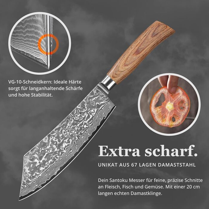 Ніж кухарський Wakoli EDIB Pro Damast BBQ & Blockmesser 20 см з лезом з 67 шарів дамаської сталі (VG10) з ергономічною ручкою з паккавуда для м'яса, гриля та смаження. У подарунковій коробці. Без гравіювання.