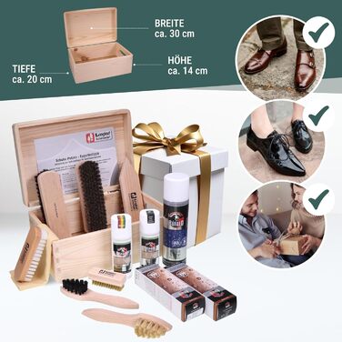 Rosshaar Shoe Care Set, 15-Piece - Extra-Large Rosshaar Polishing Brushes - Large Bologna Shoe Shine Box with Contents - Shoe Brush Set for Leather Shoes & Sneakers