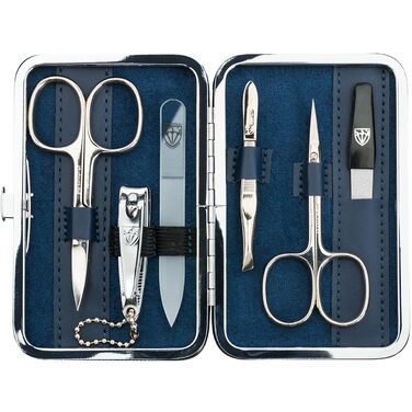 Набір манікюру DREI SCHWERTER 'Genova' 6 шт. | Німецький манікюрний набір у текстильному етою джинсового кольору | У комплекті: ножиці для нігтів, ножиці для кутикули, щипчики для нігтів, скляний наперсток, пінцет, алмазний наперсток БЛАУ / TEXTIL-JEANS