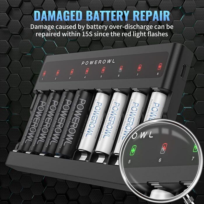 Зарядний пристрій PowerOWL на 8 батарейок, надтонкий, з незалежними слотами, USB-C зарядка для перезаряджуваних акумуляторів AA AAA