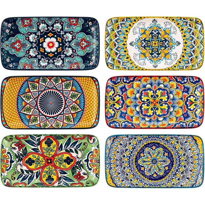 Сервіровочні тарілки HENXFEN з порцеляни, 25.4 см, набір прямокутних тарілок, 25.4 x 17.8 см, для салату, закусок, сашімі, богемний квітковий дизайн у 6 яскравих кольорах (прямокутна тарілка 20.3 см)