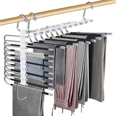 2-Piece Trouser Hangers Clothes Hangers Space-Saving Stainless Steel Non-Slip Foldable Multi-Functional Hanger for Trousers, Scarves, Jeans, Clothing, Towels (Black with 14 Clothes Hangers)