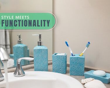 Designer 4-Piece Bathroom Accessory Set - Ceramic Bathroom Set with Liquid Soap or Lotion Dispenser, Toothbrush Holder, Cup, and Soap Dish - Decorative Set with Embossed Details - Vanity Accessory