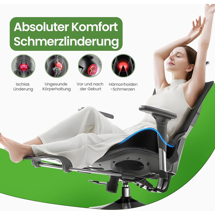 Подушка для сидіння з Memory Foam для куприка, ергономічна, для офісу, дому, авто та інвалідного візка. Захист від болю в куприку, протиковзка основа, чорний колір.