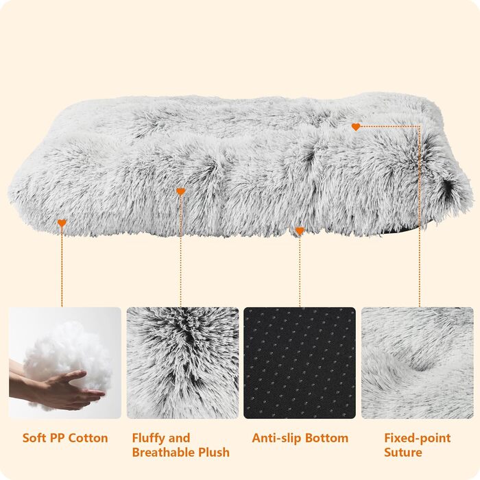 Dog bed, Fluffy dog mats, Longer plush dog cushions, Washable, non-slip bottom, 110 cm for medium and large dogs, light grey