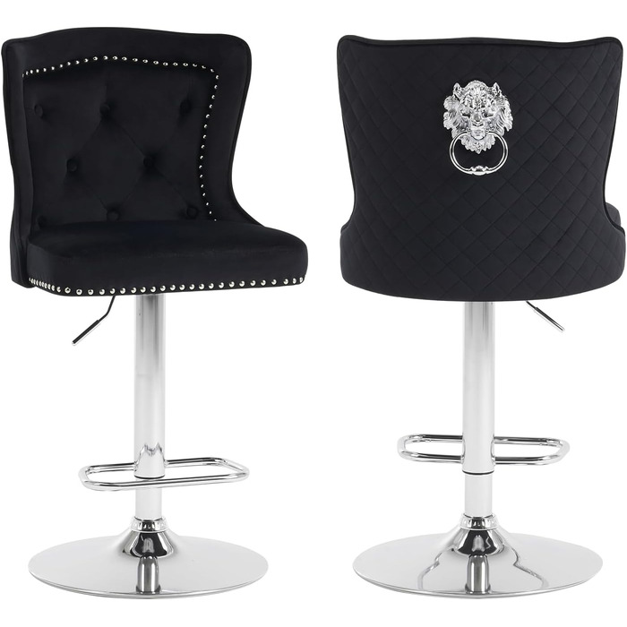 KHISCHMO Velvet Bar Stools 2-Pack - Modern Adjustable Kitchen Counter Barstools with Lion Paw Pulls - 360° Swivel, Black