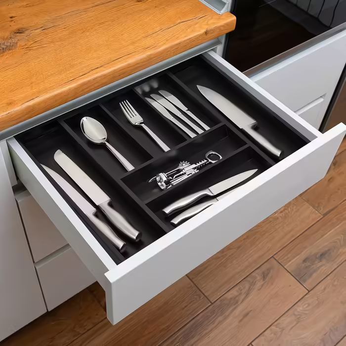 Relaxdays Extendable Cutlery Box, Bamboo, HBT: 5 x 30.5-49 x 46 cm, 5-7 Compartments, Cutlery Insert for Drawers, Black, 1 Piece