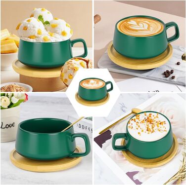 Набір кавових чашок капучіно з підставками, 4 шт. (320 мл) з кераміки, чорного кольору. Підходять для еспресо, капучіно та лате.