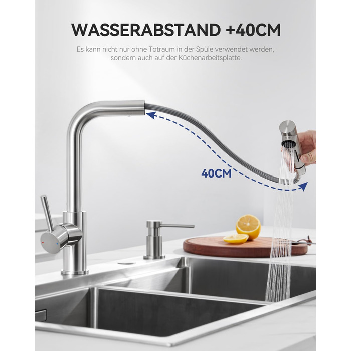 Змішувач кухонний Sofetiy висувний з душем, нержавіюча сталь, 360° поворот, одноlever, 2 режими струменя