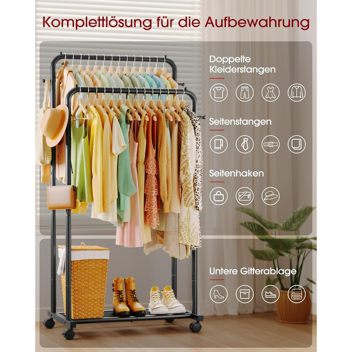 Підвісна штанга для одягу на колесах з сітчастою полицею та гачками, 73 x 42 x 150 см, чорний колір