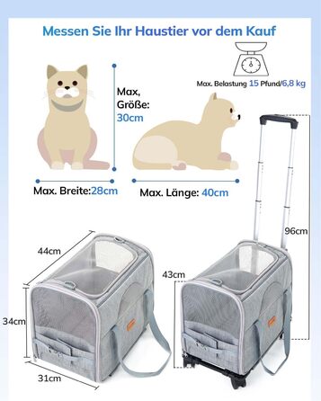 Транспортна переноска для котів та цуценят Morpilot до 5 кг з роликами та trolley, сіра