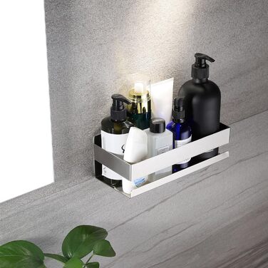 Турнічок для душу YIGII з полицями - кутовий, з нержавіючої сталі, чорний, 4 яруси, без свердління, з тримачем для зубних щіток, регульований 63.5–290 см (Матове срібло)