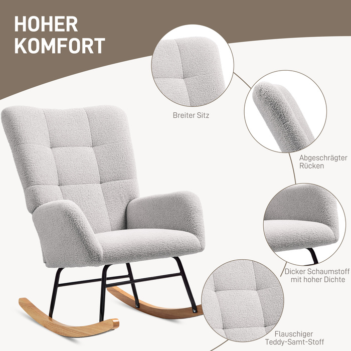 HOMCOM Rocking Chair, Rocking Armchair with Armrests, Teddy Velvet-Look, Relaxing Chair with Wooden Skids, Swivel Chair Silent Chair for Bedroom, Living Room, Light Grey | Aosom