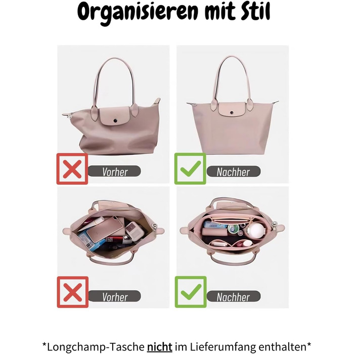Органайзер для сумки Charinor L з фетру для Longchamp, з ключницею, бежевий, Bag in Bag