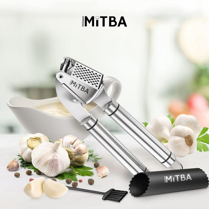 MiTBA Garlic Press Set with Non-Slip Handles - Includes Crusher, Silicone Peeler & Cleaning Brush