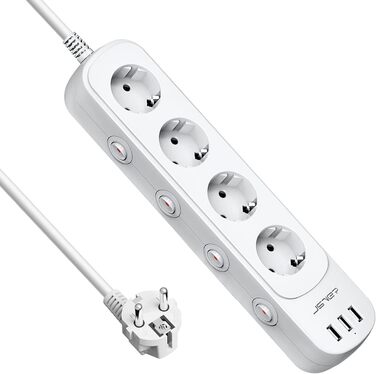 Мережева стрічка JSVER з індивідуальним керуванням, 4 розетки, 3 USB-порти (3680W, 16A), з вимикачем, 1.5м (біла)
