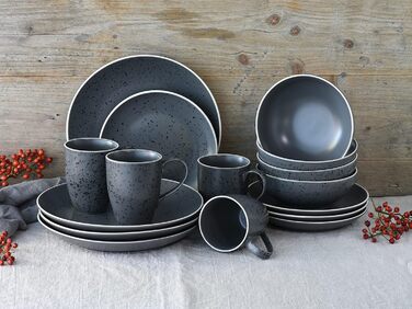 CreaTable Серія INDUSTRIAL GOLD: 16-частинний посуд для 4 осіб (Антрацит), комбінований сервіз зі штучного каміння, сумісний з мийною машиною та мікрохвильовою піччю