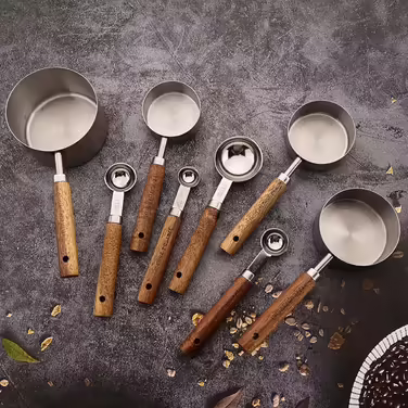 8-Piece Silver Measuring Cup Set and Measuring Spoon Set with Scale, BRIIEC Wooden Handle, Stainless Steel, Dry and Liquid Measuring Cups for Cooking, Baking