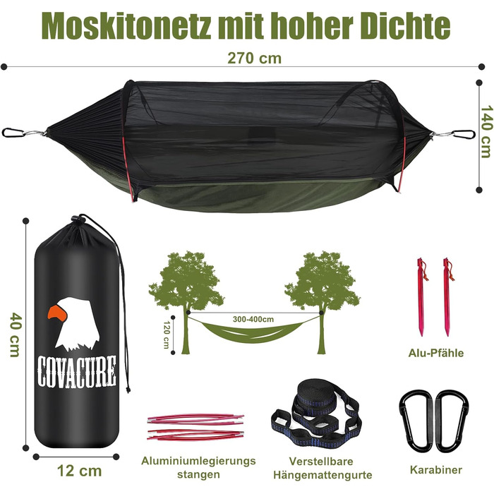 Гамак COVACURE вуличний з москітною сіткою для 2 осіб 270x140 см, вантажопідйомність 200 кг - легкий гамак для кемпінгу, саду, подорожей