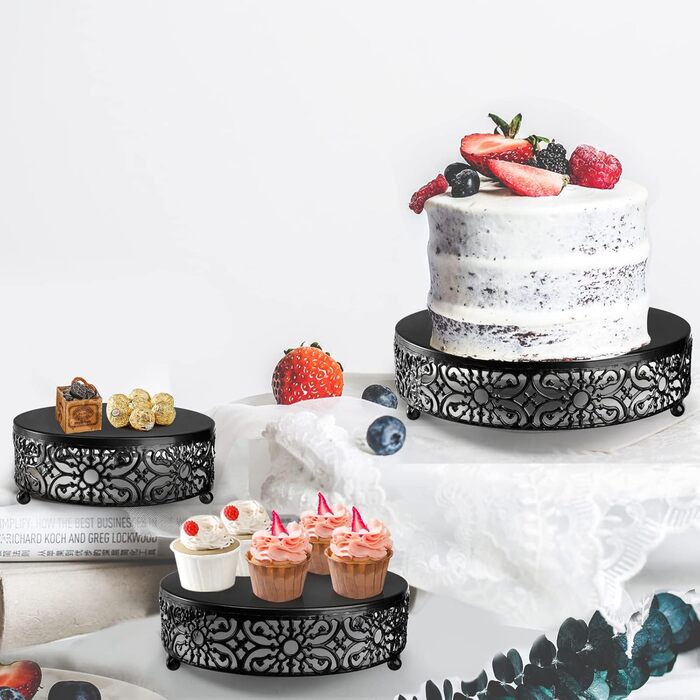 Набір металевих підставок для тортів Hedume (3 шт.), чорний колір, діаметр 20.3, 25.4, 30.5 см. Ідеально для десертів, тістечок, цукерок, вечірок, свят та днів народжень.