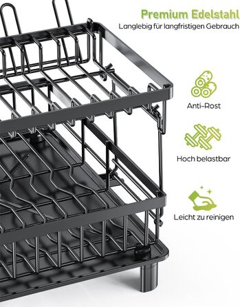 LIONONLY Dish Drying Rack, Large 2-Tier Dish Drying Rack with Drip Bowl, Stainless Steel Dish Drying Rack with Utensil Holder, Beverage Holder, and Swivel Spout, Dish Drying Stand Kitchen