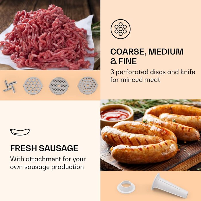 Електричний м'ясорубка Klarstein Mighty Mince: потужність 500-1361 Вт, насадки для ковбас, кеббе та пюре, томатно-прес, з ручками для перенесення, білий
