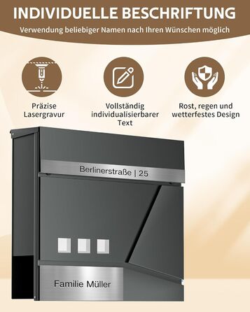 Поштовий ящик Anthrazit з нержавіючої сталі з відділенням для газет (37x37x10 см), персоналізований з табличкою для імені, стійкий до погодних умов, наклейки проти небажаної реклами, настінний поштовий ящик