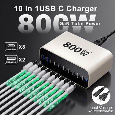 Зарядний пристрій GaN 800W USB-C, 10 портів, для MacBook, Dell, iPhone, Galaxy, ноутбуків, планшетів - Швидка зарядка