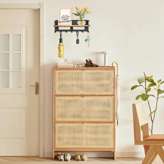 Дерев'яне ключове дошка JiangLin з полицею, декоративний тримач для ключів, настінна організація для ключів з 7 гачками, для входу, коридору, вітальні, чорний