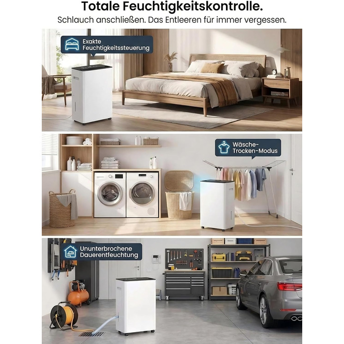 Електричний осушувач повітря з автоматичною та безперервною подачею води (шланг у комплекті), для спалень та підвалів, LED-дисплей, тихий з таймером (12л/день)