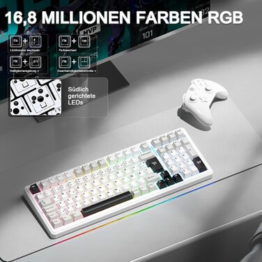 Ігрова механічна клавіатура AULA F99 бездротова, QWERTZ, BT5.0/2.4G/USB-C, Gasket Structure, Hot Swap, RGB, PBT клавіші, 8000mAh, Creamy Sound, 95% механічна (білий сірий)