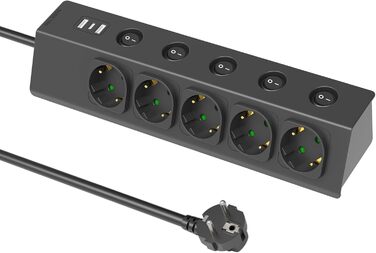 Багаторозкладна мережева розетка з USB, 5-портова, з індивідуальними вимикачами, для кухні, зі сталевою передньою панеллю, кабель 2м