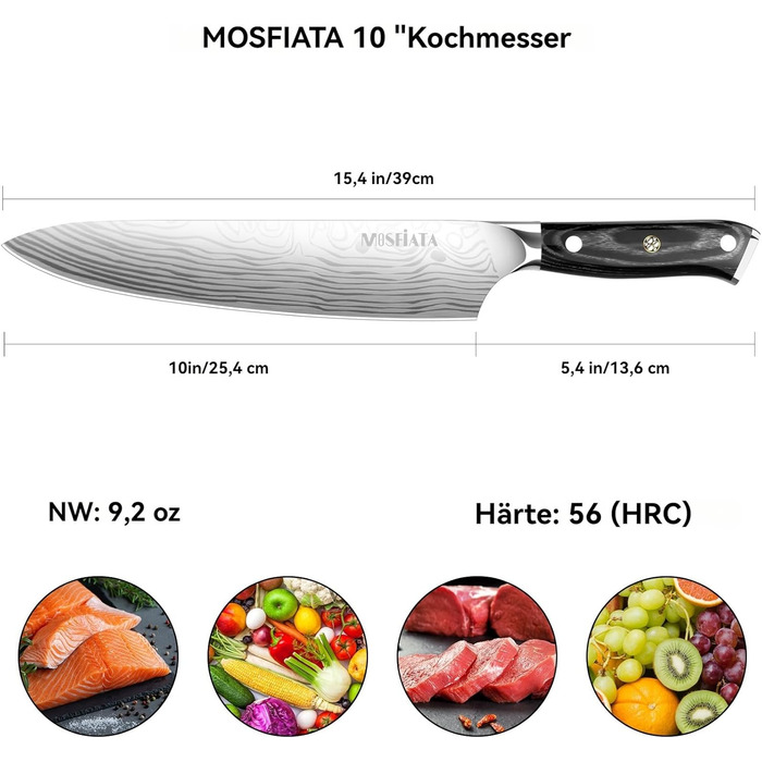 MOSFiATA Кухонний ніж 10 дюймів (25 см) - професійний ніж для м'яса з високоякісної сталі EN1.4116, ідеальний для шеф-кухарів, ніж для кухні, ніж кухаря, з подарунковою упаковкою