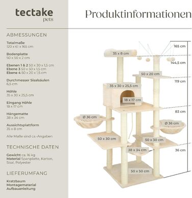 Тектейк® Крізьоверх XXL для котів, великий, з аксесуарами: лежанки, гамак, будиночок, іграшки, мотузка з сизалю, ствол для дряпання, котячий комплекс, котячий дряпкач, висота приблизно 165 см - сірий (Бежевий | № 402932)