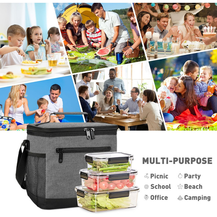 Сумка-ланч Kato Tirrinia для чоловіків: ізольована, 10.5L, з регульованим ремінцем, для роботи, фітнесу, школи, пікніків. Термосумка, витримує витоки, складається. Колір: темно-сірий