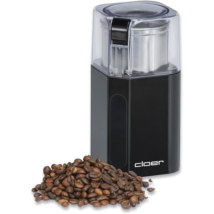 Cloer 7580 Electric Coffee and Spice Grinder, 200 W, for Pesto, Nuts and Grains, up to 70 g Coffee Beans, Removable Stainless Steel Container, Black