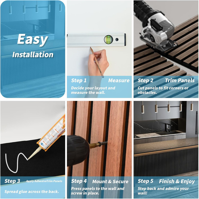 Акустичні панелі Art3d Темний горіх, 3D стінові панелі для звукоізоляції офісу, студії та вітальні, шпоноване дерево з фетровою основою, 60x30 см (набір 4 шт, 0.72 м²)