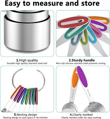 Minteem Measuring Cup and Spoon Set, 10-Piece Stainless Steel Measuring Cup Set with Colored Silicone Handle, Nesting Measuring Cups for Dry or Liquid Ingredients