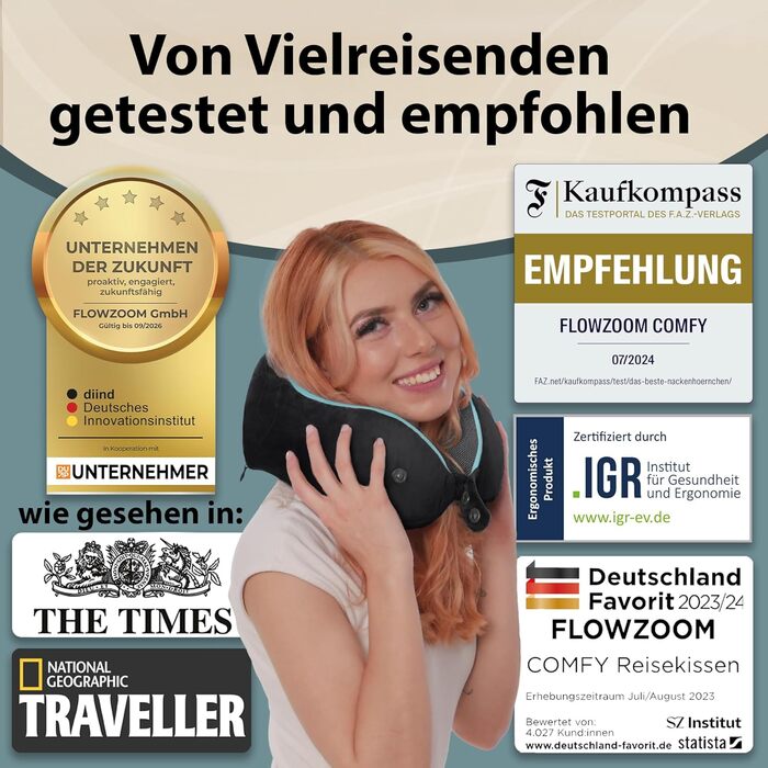 Подушка для шиї FLOWZOOM Dream Pro з додатковою бічною підтримкою та регульованим кріпленням на липучці - подушка для подорожей у літак з піною з пам'яті - з чохлом та подарунковою упаковкою - Чорний
