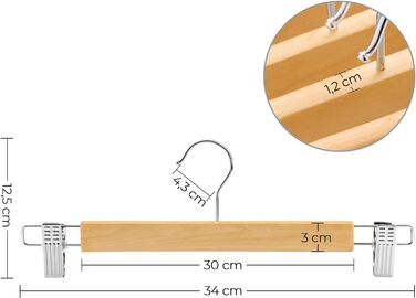 Набір вішалок для штанів SONGMICS 16 шт. з дерева, з регульованими кліпсами, протиковзні, для штанів, шортів та спідниць, натуральний колір