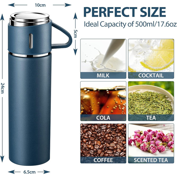 500ml Stainless Steel Thermos Flask with Cup and Handle - Leakproof Vacuum Insulated Travel Bottle for Kids, Sports (Black & Blue)