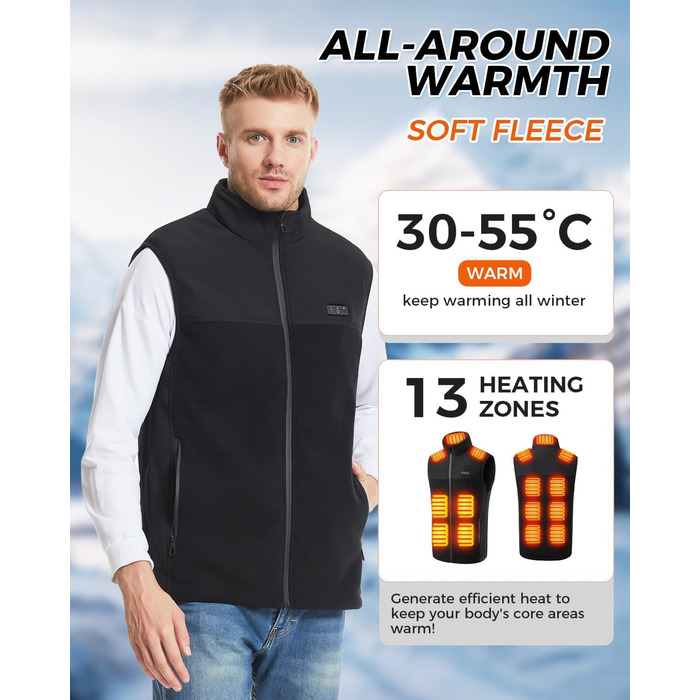 Електрична гріюча жилетка з флісу для чоловіків та жінок, 13 зон обігріву, 3 режими температури, Powerbank 10000mAh, Ritter, чорна