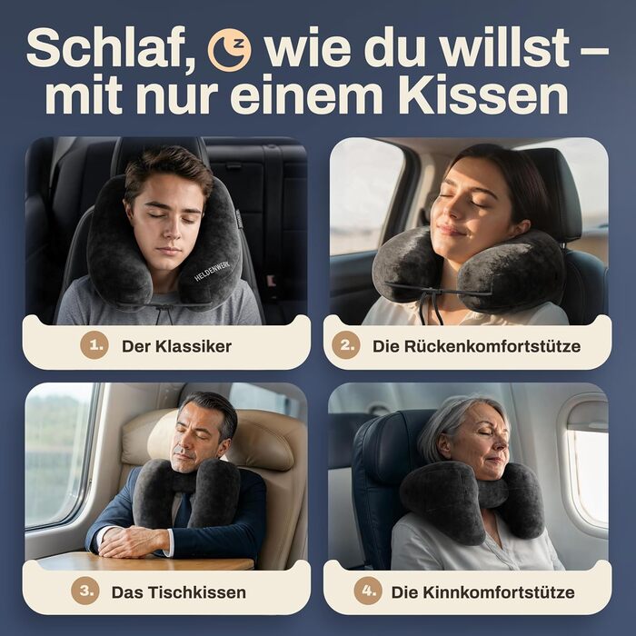 Подушка для шиї HELDENWERK® Air: 5 положень, швидке надування, регулювання тиску | Знімна капюшон | Для подорожей (автомобіль, літак) | Чорний, великий розмір