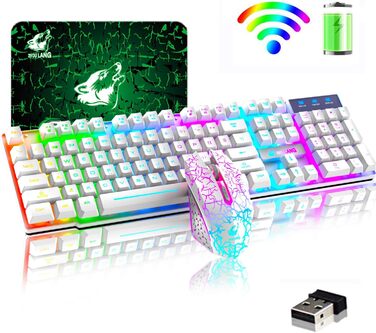 Бездротова клавіатура з підсвічуванням RGB, 2.4G, механічна, 104 клавіші, ігрова + миша 2400 DPI, 6 кнопок, оптична LED, килимок для миші (білий)